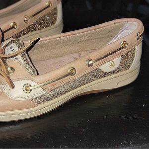 Sperry Angelfish Boat Shoes Gold Sparkle Tan Size 7.5